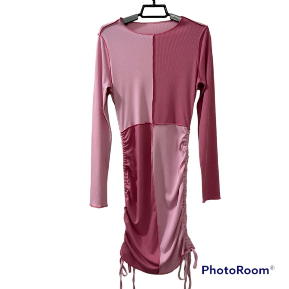 SHEIN Womens M Pink Colorblock Ribd Ruched Drawstring Long Sleeve Bodycon Dress